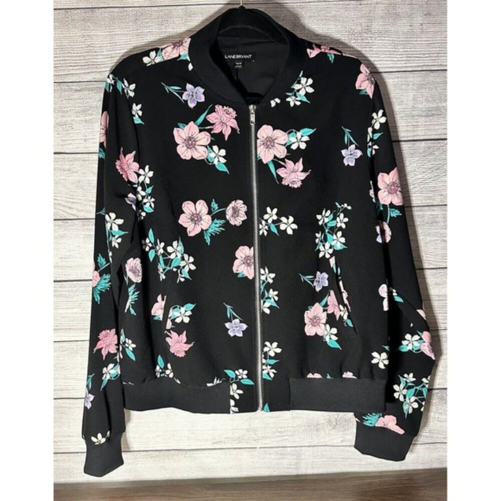 Lane Bryant Bomber Jacket Women's 14/16 Black Floral Zip Bomber Jacket W/Pockets